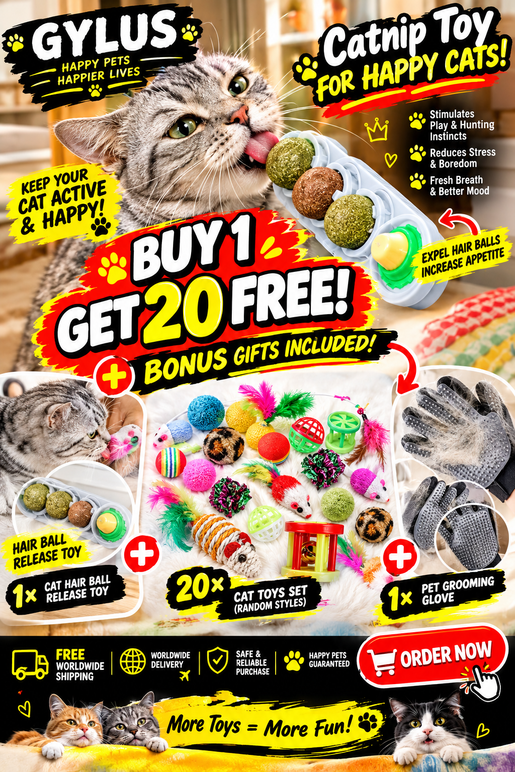 Ultimate Cat Toy Kit – Interactive Catnip Toy + 20 Bonus Toys & Grooming Glove